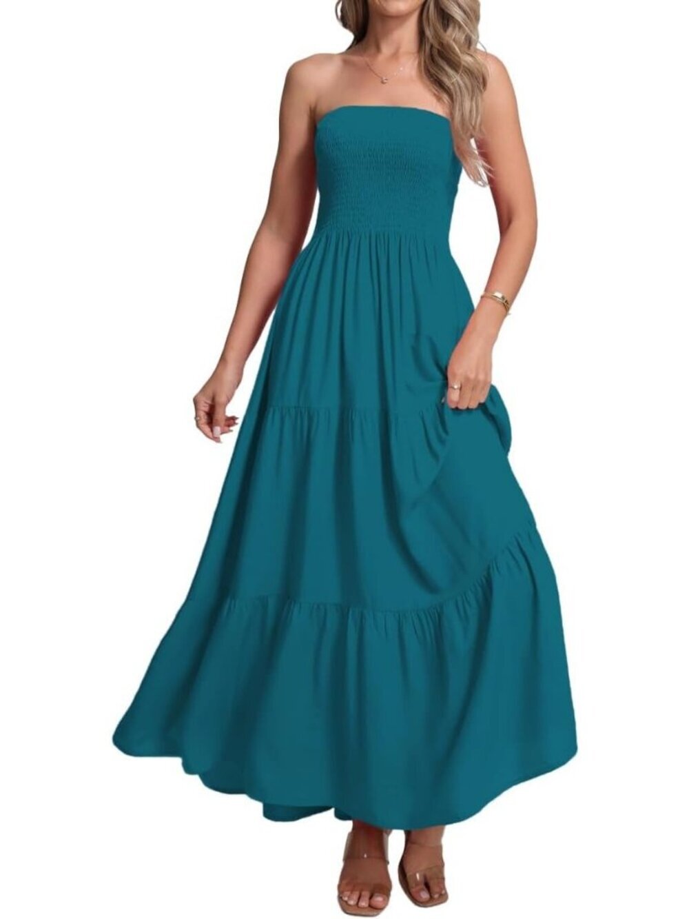 Women's Teal Stylish Casual Off Shoulder Strapless Tube Top Beach Maxi Dress